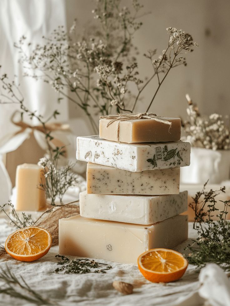 Stack of handmade soap bars with natural elements on a table