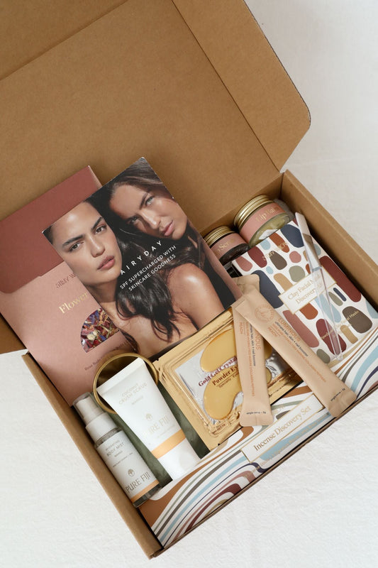 Luxury cosmetics packed in a self-care box.